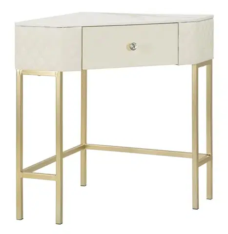 Estila Designový glamour rohový konzolový stolek Glamia Tapisé se šuplíkem s béžovým prošívaným čalouněním a zlatou podstavou 84 cm