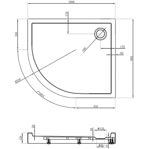 MEXEN Flow+ Sprchová vanička čtvrtkruh asymetrická pravá 100 x 90, černá mat 46Q709010RH