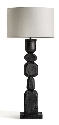 Estila Luxusní designová stolní lampa Ninewe s masivní vyřezávanou podstavou v černé barvě a béžovým jutovým stínítkem 95 cm