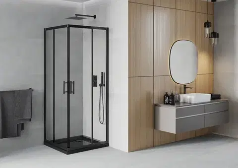 MEXEN/S Rio čtvercový sprchový kout 90 x 90, transparent, černý + vanička se sifonem Flat, černý 860-090-090-70-00-4070B