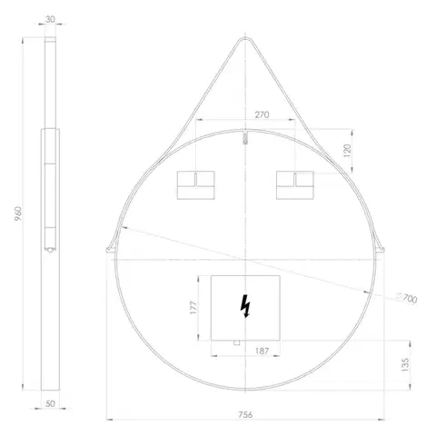 SAPHO ORBITER kulaté zrcadlo s LED osvětlením ø 70cm, kožený pásek, černá mat ORL070