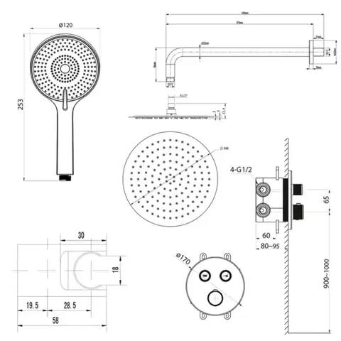 SAPHO SMART SELECT podomítkový sprchový set s termostatickou baterií, 2 výstupy, vyústění, černá mat RP032B-01