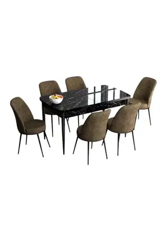 Extendable Dining Table & Chairs Set (7 Pieces) Han - Black Marble, Brown