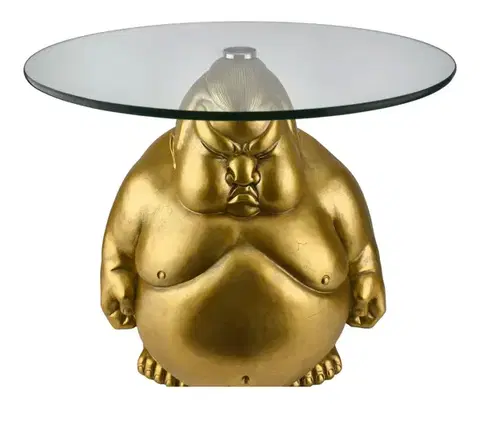 Estila Stylový glamour příruční stolek Pop Atelier se zlatou sumo postavou a kulatou transparentní skleněnou deskou 55 cm