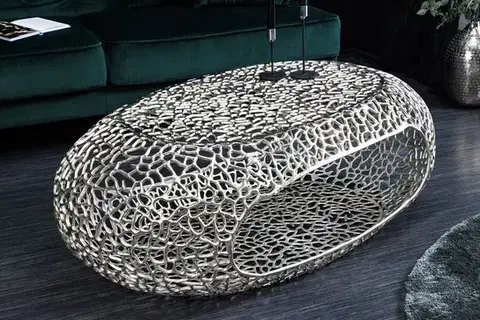 Estila Moderní stříbrný oválný konferenční stolek Hoja s úložným prostorem a abstraktním designem 120 cm