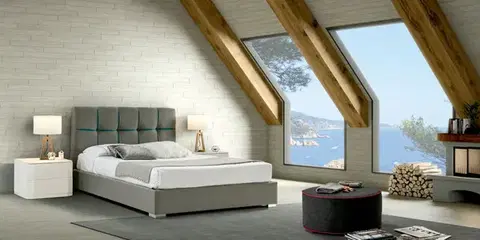 Estila Moderní manželská postel Veronica s šedým čalouněním s geometrickým vzorem a s úložným prostorem 140-180cm