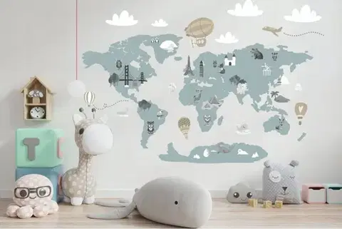 Moderní dětská nálepka na zeď v jemné pastelové barvě mapa světa 80 x 160 cm