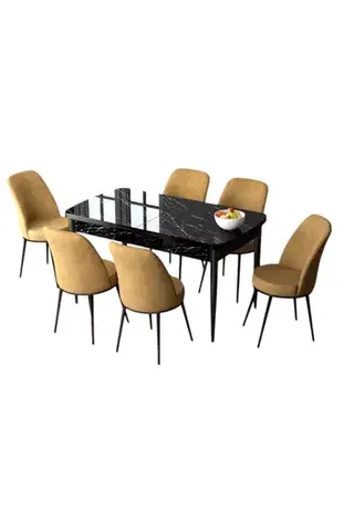 Extendable Dining Table & Chairs Set (7 Pieces) Zen - Black Marble, Cappuccino