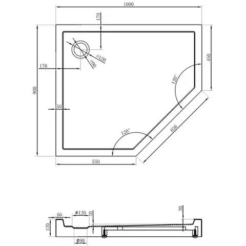 MEXEN Flow+ pětiboká sprchová vanička levá 100 x 90, černá mat 46P709010LH