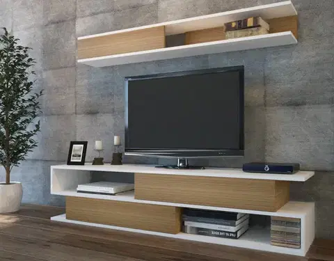 TV stěna / Sestava pod TV Sims - White, Teak