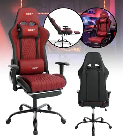 Ergonomická herní židle s opěrkou nohou a polohovacím mechanismem - vínová ekokůže