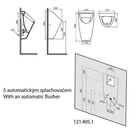 Bruckner SCHWARN urinál s automatickým splachovačem 6V DC, zadní přívod, zadní odpad 201.722.4