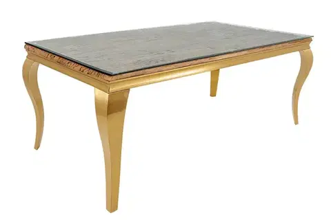Estila Luxusní designový obdélníkový jídelní stůl Gold Barock se zlatým kabriolovým nohama a masivní deskou se sklem 200 cm