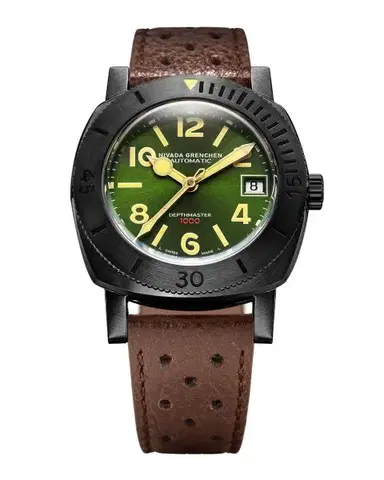 Nivada Grenchen Depthmaster Numerals - Black and Green - Brown Racing Strap