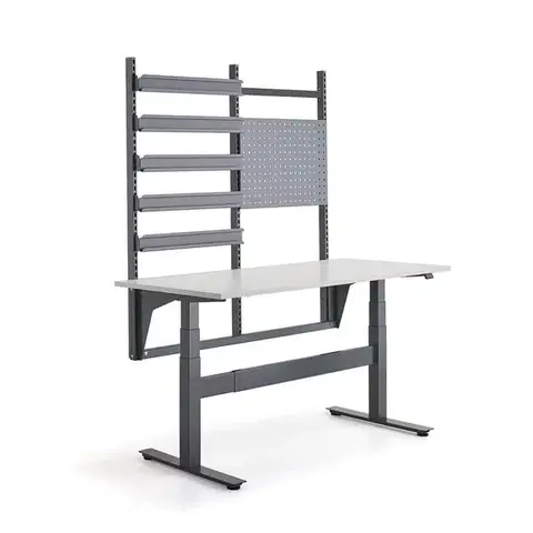 Výškově nastavitelný pracovní stůl BASE, 200 kg, 1600x760 mm, panel na nářadí a závěsné lišty
