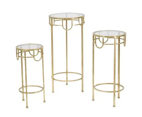 Estila Designová glamour sada kulatých příručních stolků Solara se skleněnou deskou a zlatým kovovým rámem s detaily 70 cm