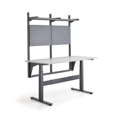 Výškově nastavitelný pracovní stůl BASE, 200 kg, 1600x760 mm, panel na nářadí a police