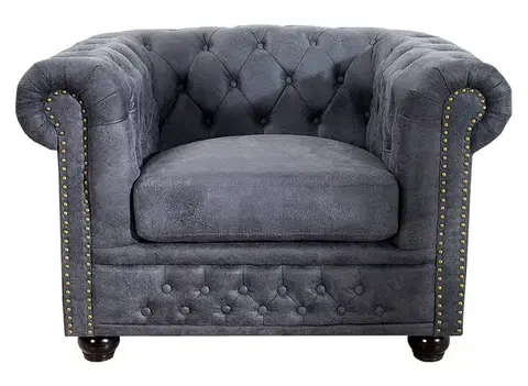 Estila Vintage šedé křeslo Chesterfield Grau s ozdobným prošíváním s kulatými knoflíčky a potahem s efektem vintage kůže 105 cm
