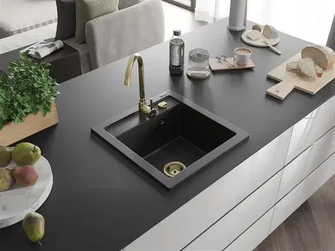 MEXEN/S Vito Vito granitový dřez 1-miska 520x490 mm, černý/stříbro metalik + zlatý sifon 6503521000-73-G