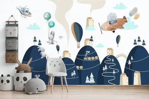 Roztomilá velká dětská nálepka na zeď s kopci a cestovateli 100 x 200 cm