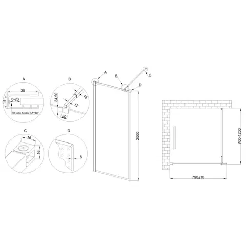 INVENA Walk-in II 80x200cm, rámeček 8mm shiny-glass, černá   AK-32-188-S