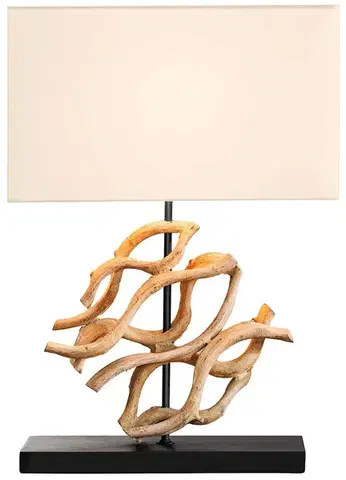 Estila Stolní lampa Rilyn ve venkovském stylu s dekoračním detailem z teakového dřeva a béžovým stínítkem 57 cm