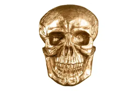 Estila Glamour nástěnná dekorace Skull ve tvaru realistické zlaté lebky z kovu s lesklým povrchem 40 cm