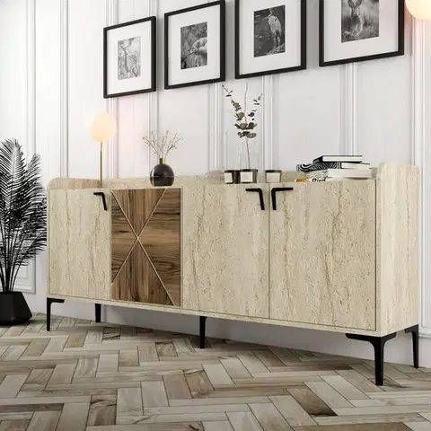 Konzolový stolek Venedik - Walnut, Travertine