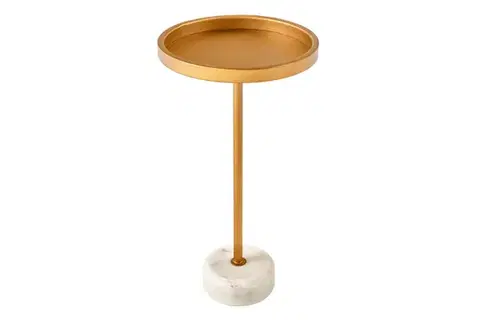 Estila Art deco kulatý příruční stolek Stone se zlatou kovovou deskou s vyvýšeným okrajem a bílou mramorovou podstavou 56 cm