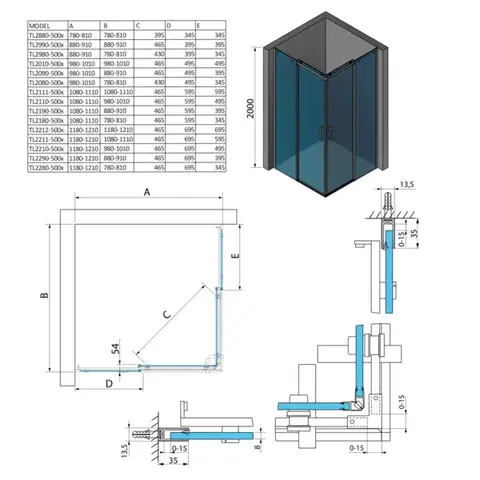 POLYSAN THRON SQUARE čtvercový sprchový kout 900x900, hranaté pojezdy, rohový vstup TL2990-5002