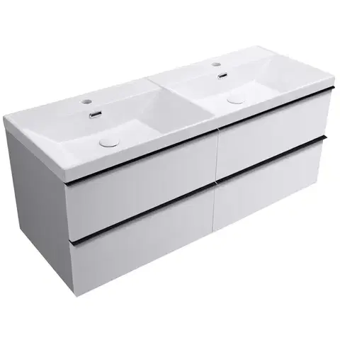 CERANO Koupelnová skříňka Velora bílá matná, úchytka černá + keramické dvojumyvadlo Viano bílá lesklá 121,5x58x46,5  CER-305728