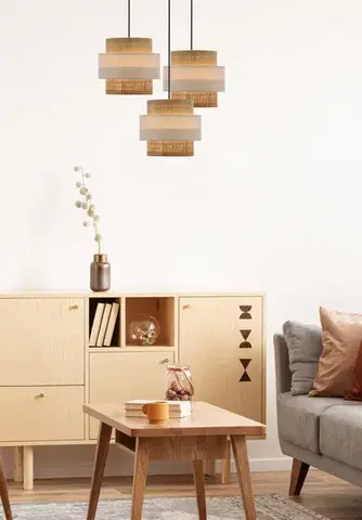 Závěsná lampa z ratanu, černá, deska, 3x40W, stínidlo E27, bílá+krémová