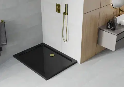 MEXEN/S Flat Sprchová vanička obdélníková slim 110 x 100, černá + zlatý sifon 40701011G