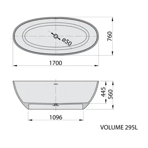 POLYSAN NOYA volně stojící vana, solid surface, 170x76x56cm, bílá mat 92330