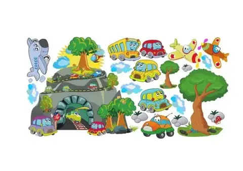 Veselá nálepka na zeď pro chlapečka do dětského pokoje auta a letadla 60 x 120 cm