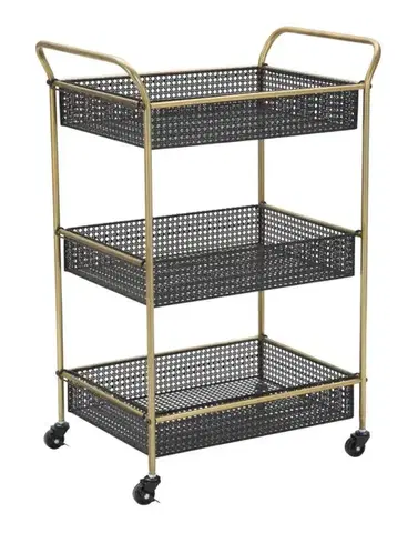 Estila Art deco obdélníkový kovový zlato černý servírovací vozík Zero na kolečkách se třemi úložnými boxy 81 cm