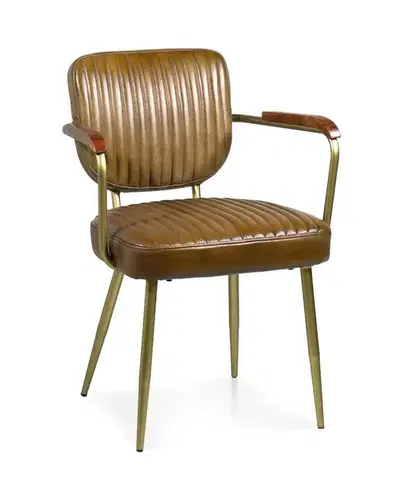 Estila Retro hnědá jídelní židle Denver s koženým potahem s vertikálním prošíváním s opěrkami se zlatými nožičkami 97 cm