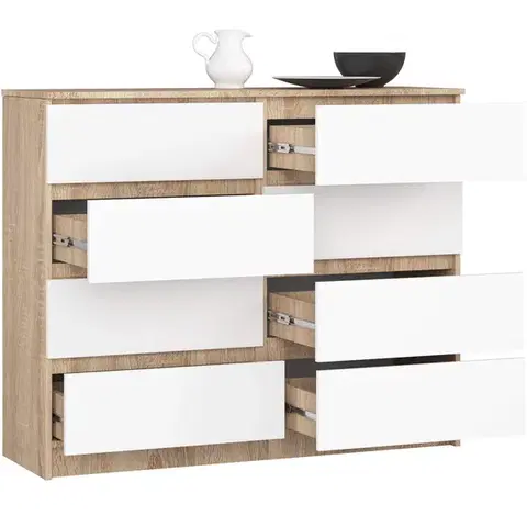 Ak furniture Komoda Kuba 120 cm 8 šuplíků dub sonoma/bílá