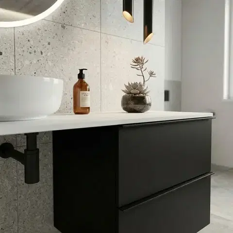 CERANO Koupelnová skříňka Velora černá matná, úchytka černá + deska z lit. mramoru Elanys 12 mm + konzole černá 120x54,2x46,5  CER-679356