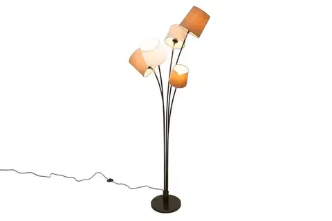 Estila Stylová moderní kovová stojící lampa Levels s pěti kulatými hnědými a bílými lněnými stínítky 176 cm