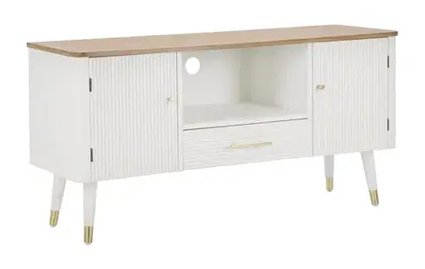 Estila Art deco bílý TV stolek Samira se dvěma dvířky a jednou zásuvkou s vroubkovaným povrchem a hnědou vrchní deskou 117 cm