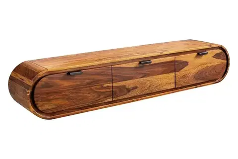 Estila Retro masivní nástěnný TV stolek Spin oválného tvaru se třemi šuplíky ze sheeshamového dřeva v odstínech hnědé 160 cm