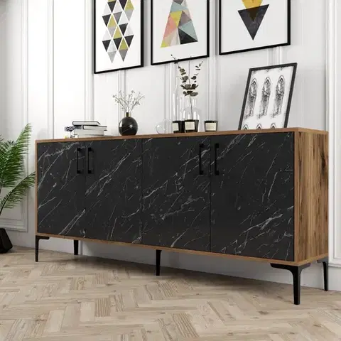 Konzolový stolek Kiev - Walnut, Black Marble