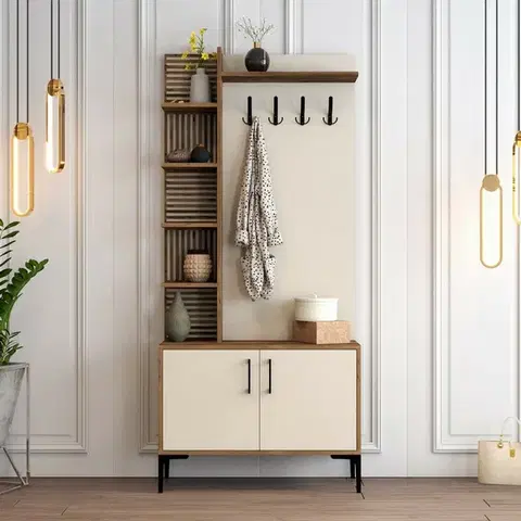 Vešák s botníkem a policemi Viyana Walnut and Cream