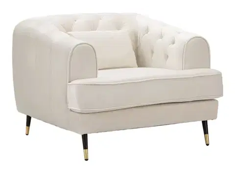 Estila Art deco čtvercové sametové čalouněné prošívané krémové křeslo Lana s černými nožičkami se zlatými detaily 93 cm