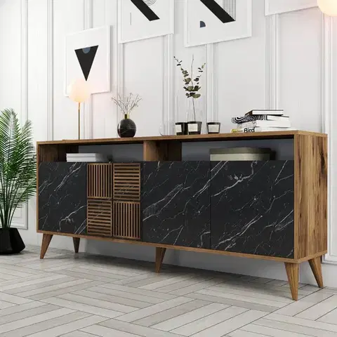 Konzolový stolek Milan - Walnut, Black Marble