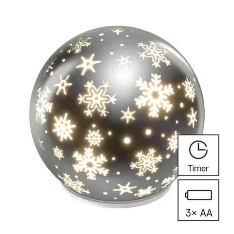 EMOS LED vánoční skleněná koule - vločky, 12 cm, 3x AA, vnitřní, teplá bílá, časovač DCLW28