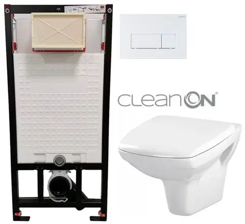 DEANTE Podomítkový rám, pro závěsné WC mísy + SLIM tlačítko bílé + WC CERSANIT CLEANON CARINA  + SEDÁTKO CST_WC01 A51P CA1