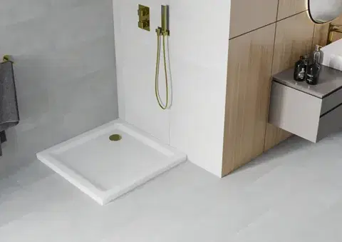 MEXEN/S Flat sprchová vanička čtvercová slim 100 x 100, bílá + zlatý sifon 40101010G