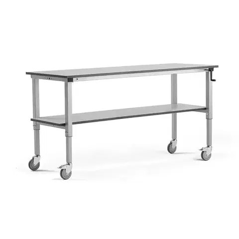 Mobilní pracovní stůl MOTION, manuálně nastavitelná výška, 2000x600 mm, se spodní policí, 150 kg, še